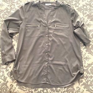 Calvin Klein Button Up Long Sleeve/ Short Sleeve Blouse with Zipper Pockets